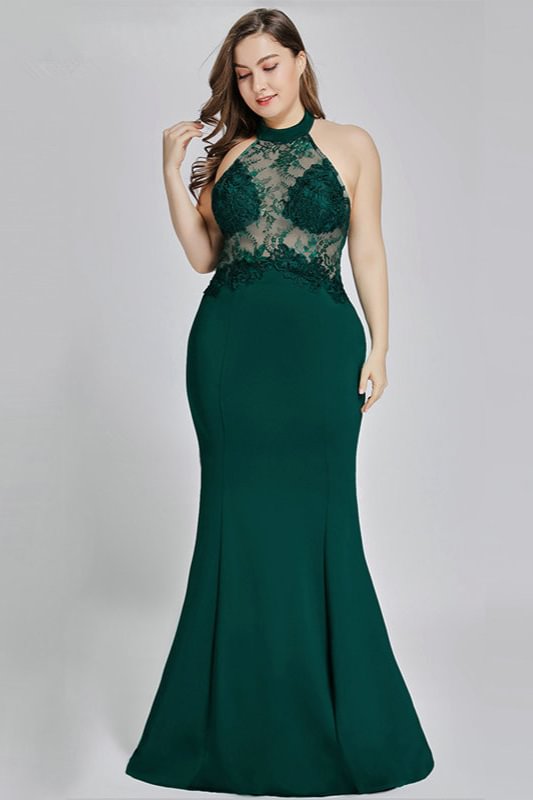 Elegant Green Halter Lace Evening Gowns Mermaid Sleeveless Plus Size Prom Dress 3611