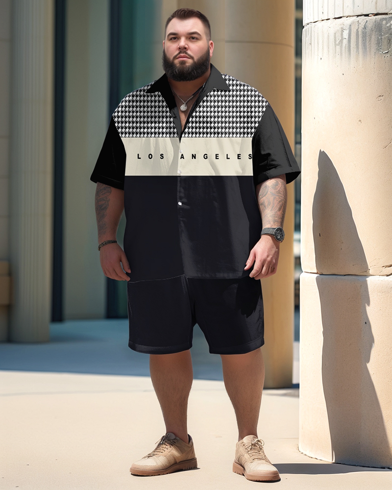 Men's Plus Size Black Khaki Houndstooth Colorblock Los Angeles Print Shirt Shorts Suit