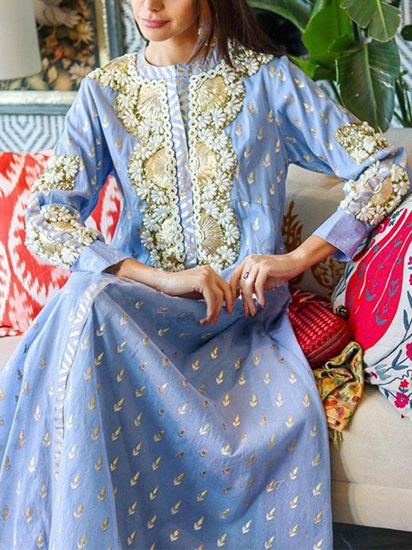 Round neck printed blue maxi kaftan dress فساتين