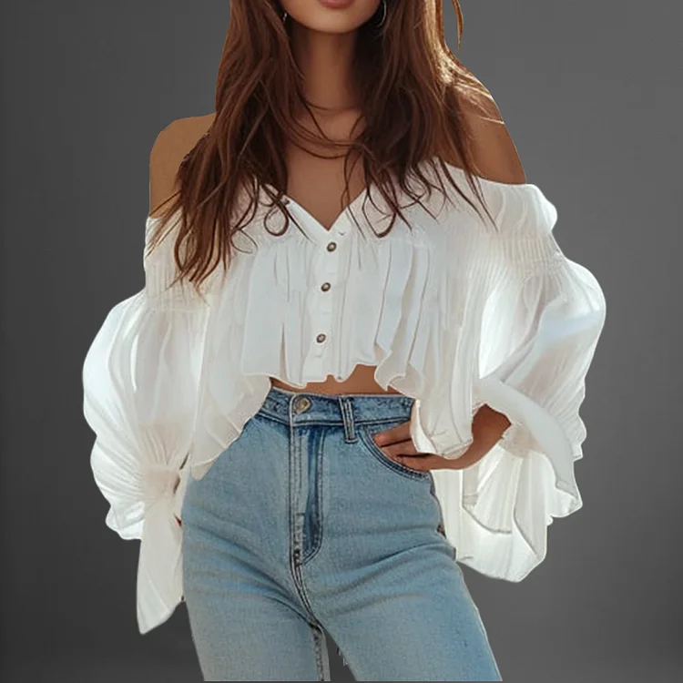 Everyday Button Off-Shoulder Lantern Sleeve Loose Blouse
