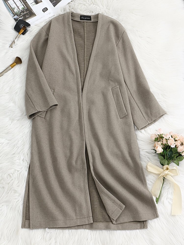 Solid Color Slit Hem Pocket Women Long Fleece Coat - Life is Beautiful for You - SheChoic