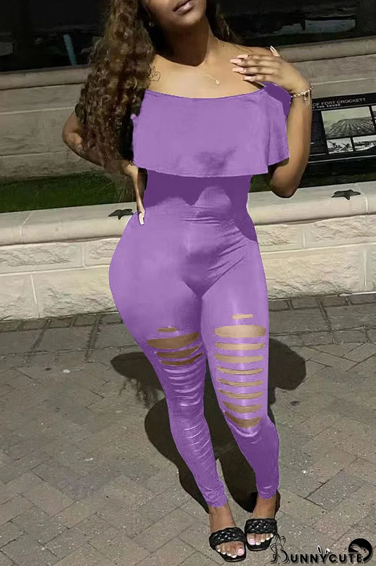 Purple Sexy Solid Ripped Split Joint Flounce Off the Shoulder Regular Jumpsuits