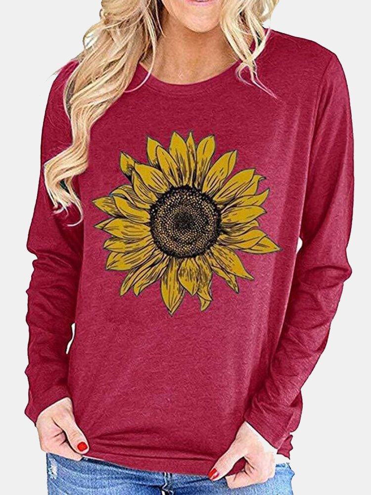 Sunflower Printed Long Sleeve O neck T shirt For Women P1754045