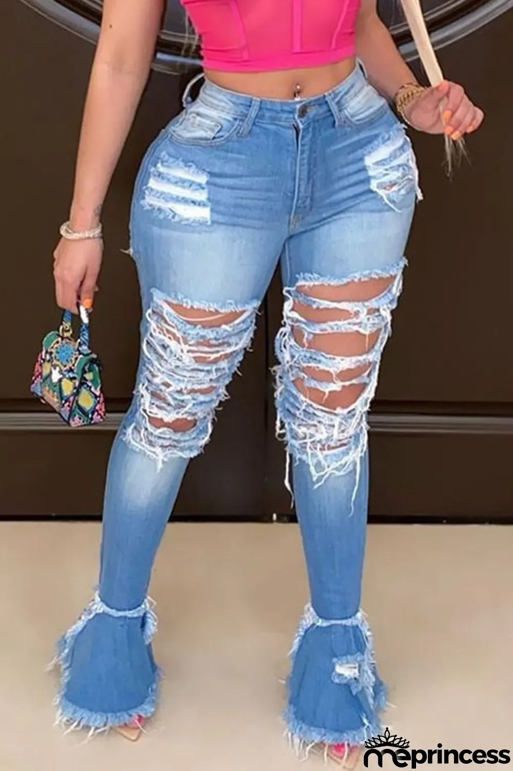 Blue Fashion Casual Hole tassel Plus Size