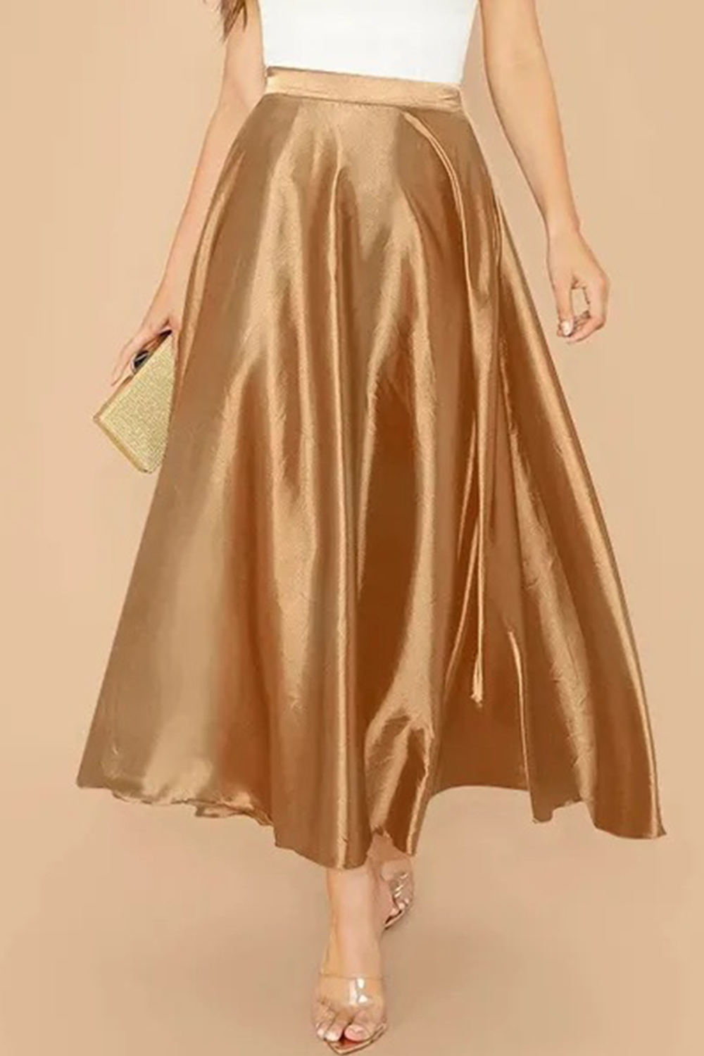 Plus Size Formal Champagne Satin High Rise Midi Skirt 2024 - Flycurvy 