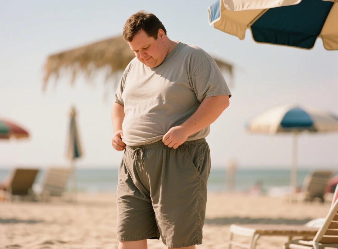 A big and tall man holding up his sagging shorts.