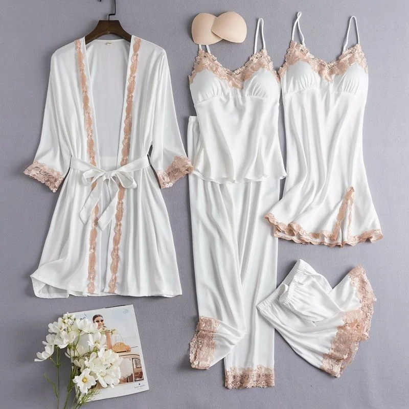 Uveng Uveng Pajamas With Thoracic Silk Sexy Slings Gold Five-Piece Set Of Pajamas Thin Homewear