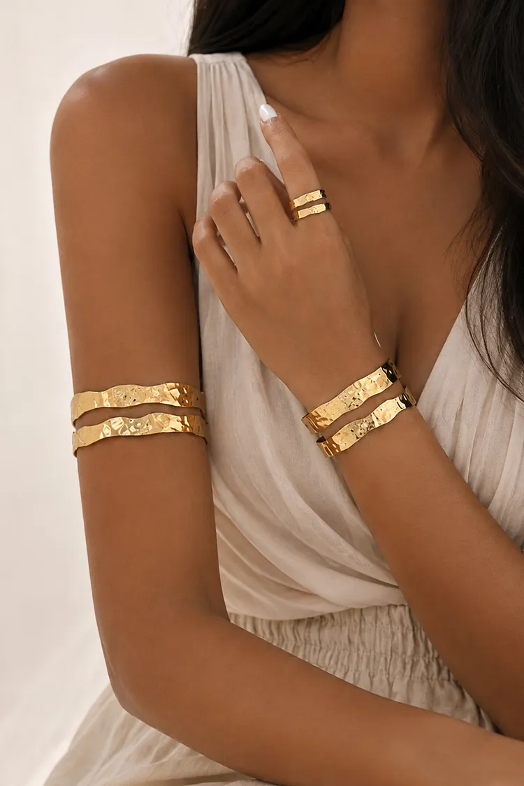 Fashion Gold Double-Layered Wavy Texture Armband Bracelet Ring Set 2024 - Xpluswear