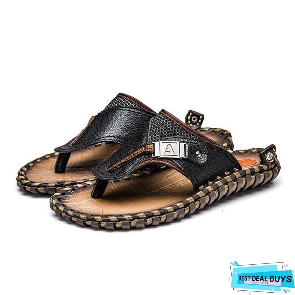 Men's Genuine Leather Sandals Flip Flops Breathable Slippers Plus Size
