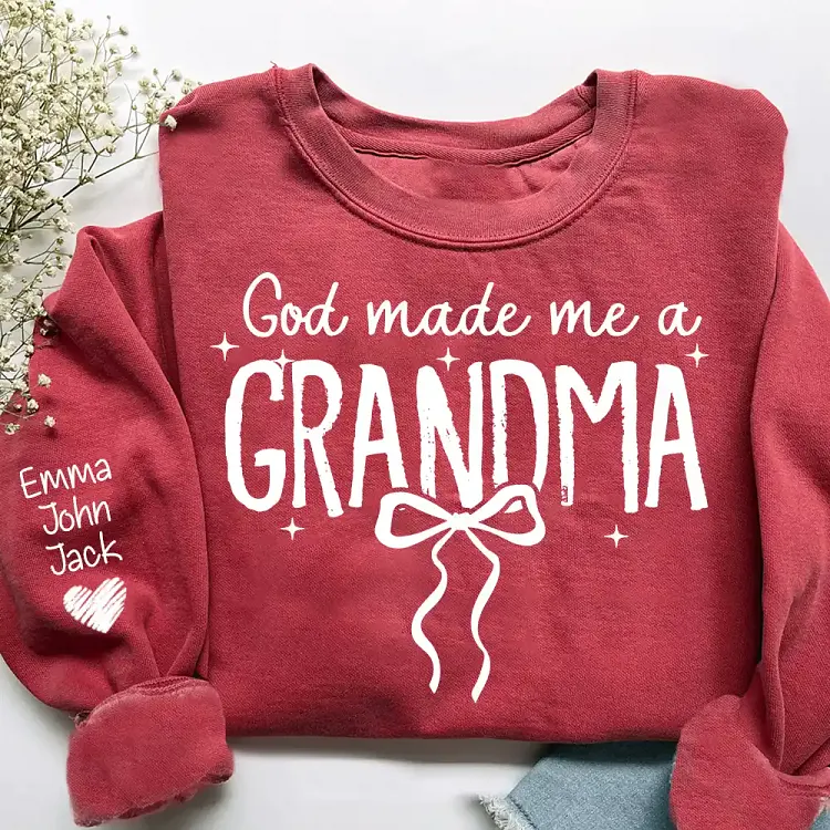 Custom God Made Me A Grandma Sweatshirt with Kids Names on Sleeve, Coquette Ribbon Bow Sweater