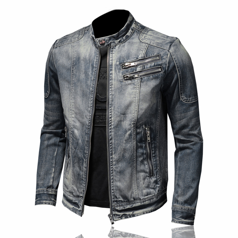 Slim-fit Stand-collar Zipper Harley Motorcycle Denim Men's Jacket