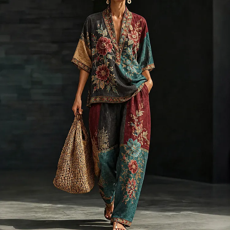 Women's Vintage Floral Print Casual Set