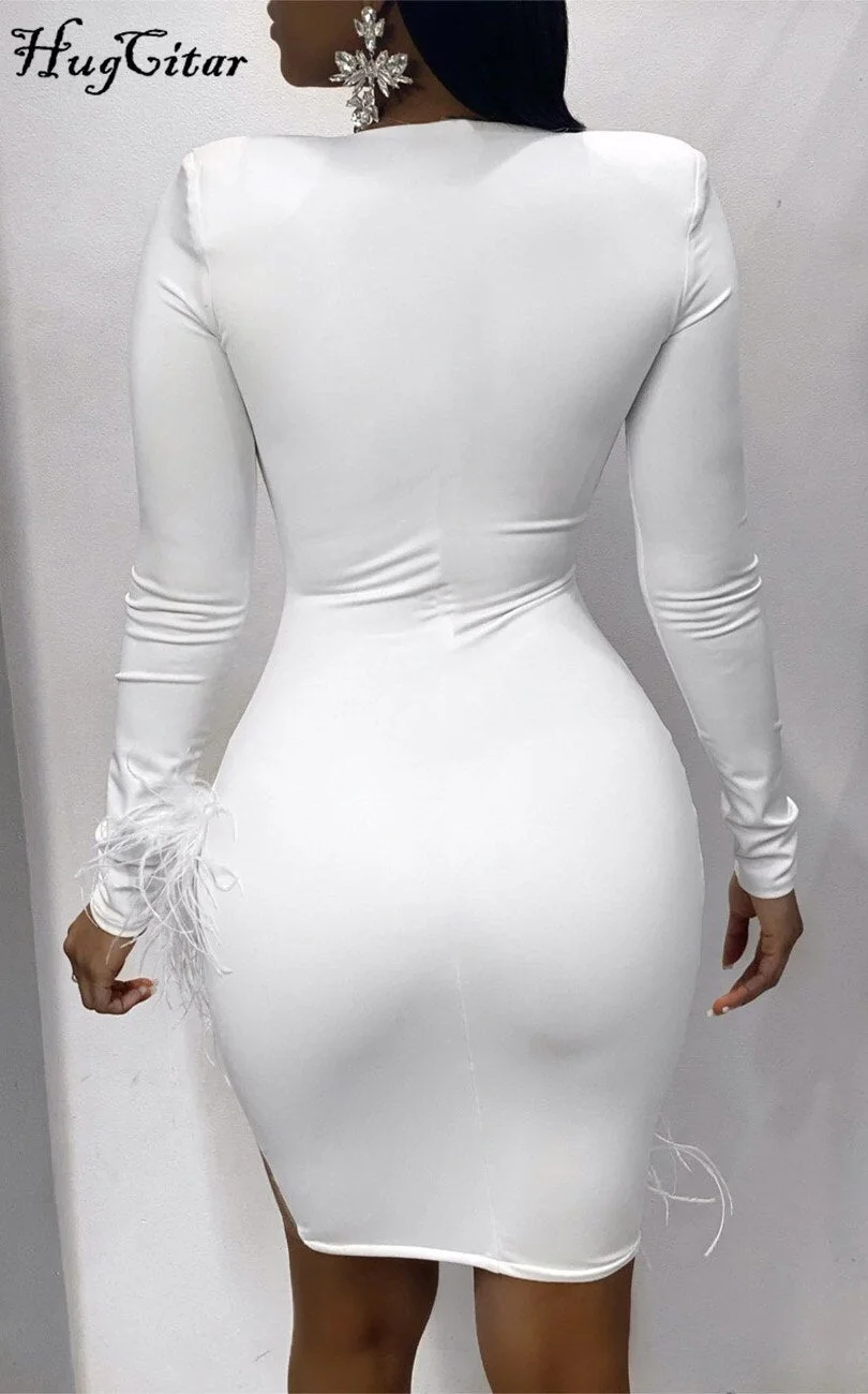 Hugcitar Women Solid Long Sleeve Feather Mesh Stitching Slim Sexy V-Neck Dress 2021 Fall Winter Elegant Party Streetwear