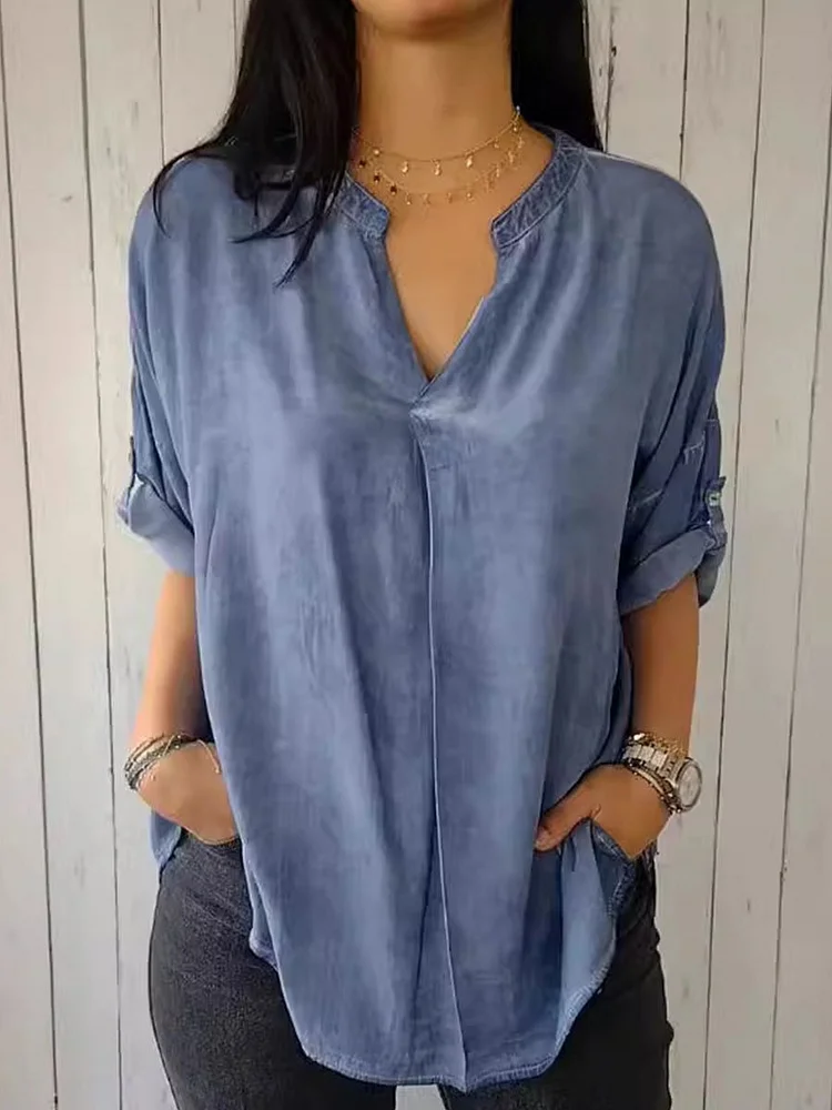 Women's  Solid Color Casual Cotton And Linen  V-neck Shirt