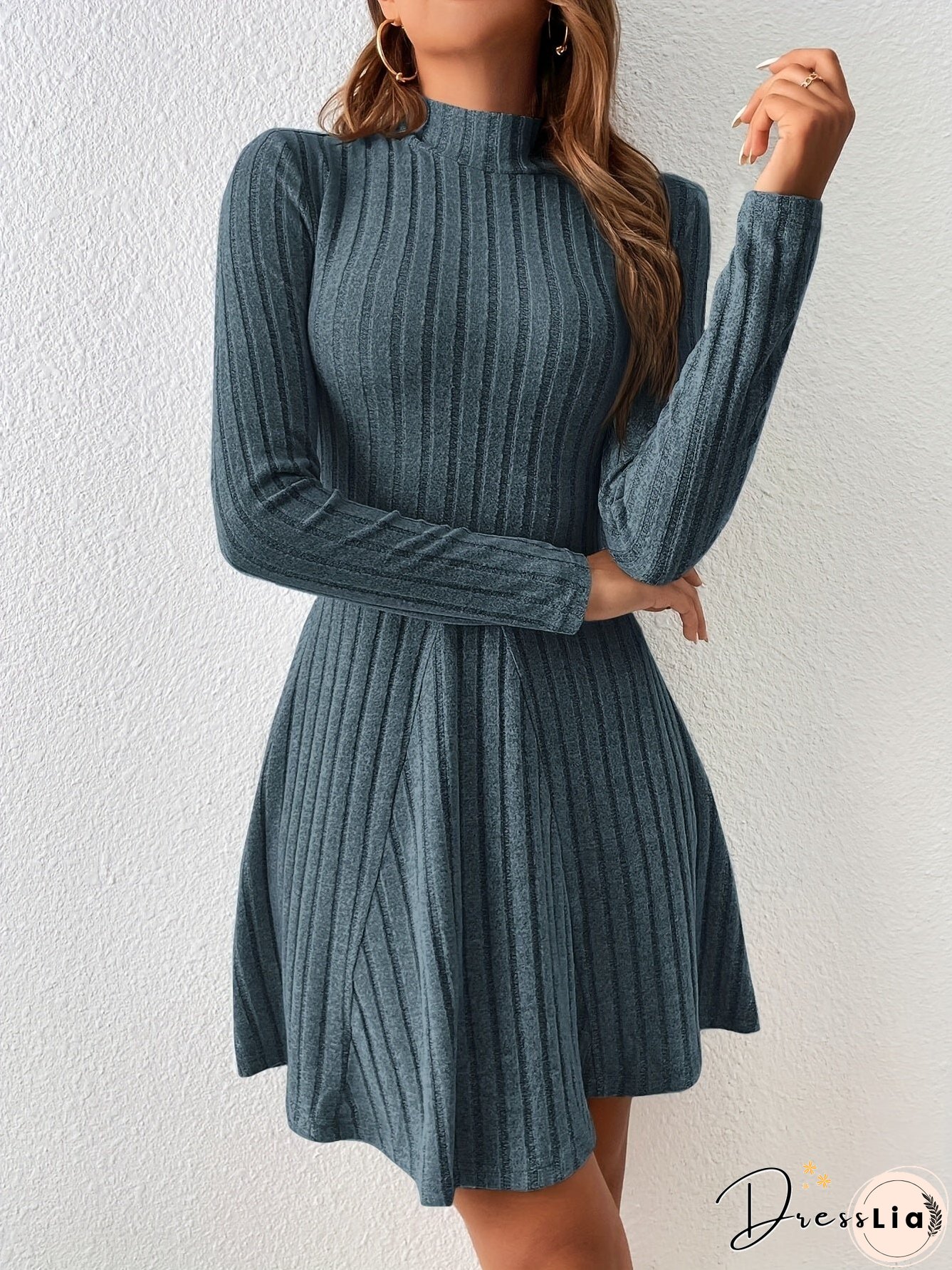 Solid Ribbed Dress, Casual Mock Neck Long Sleeve Dress, Women's Clothing