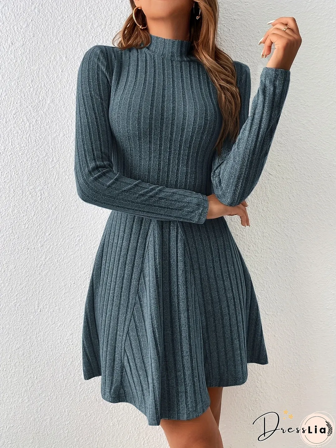 Solid Ribbed Dress, Casual Mock Neck Long Sleeve Dress, Women's Clothing
