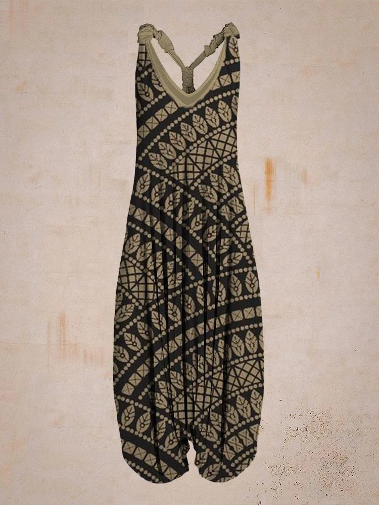 Women Quarter Round Vintage Pattern Sleeveless Harem Jumpsuit