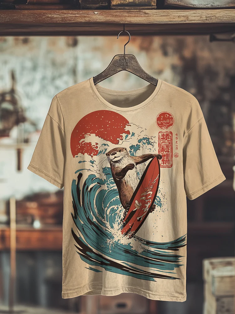 Men's Otter Surfing On The Sea Print Casual T-Shirt