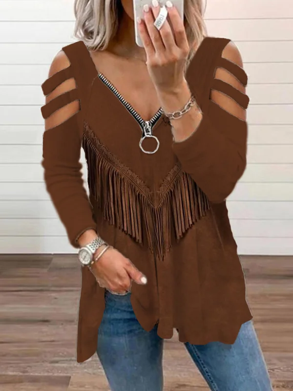 Vintage Western Fringe Art Hollow Shoulder T Shirt