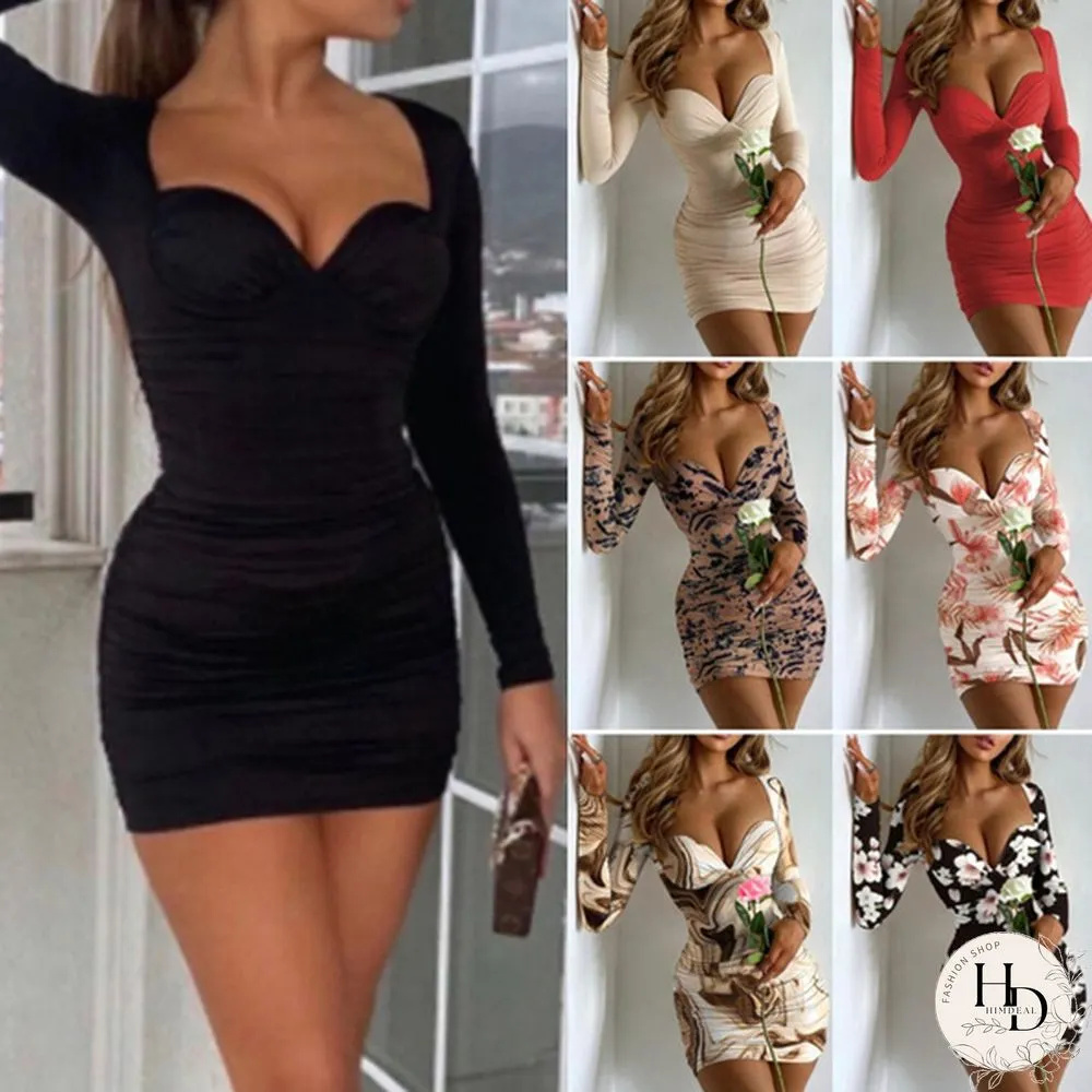 New Fashion Women Print V-neck Long Sleeved Package Hip Mini Dress Party Club Bodycon Dress