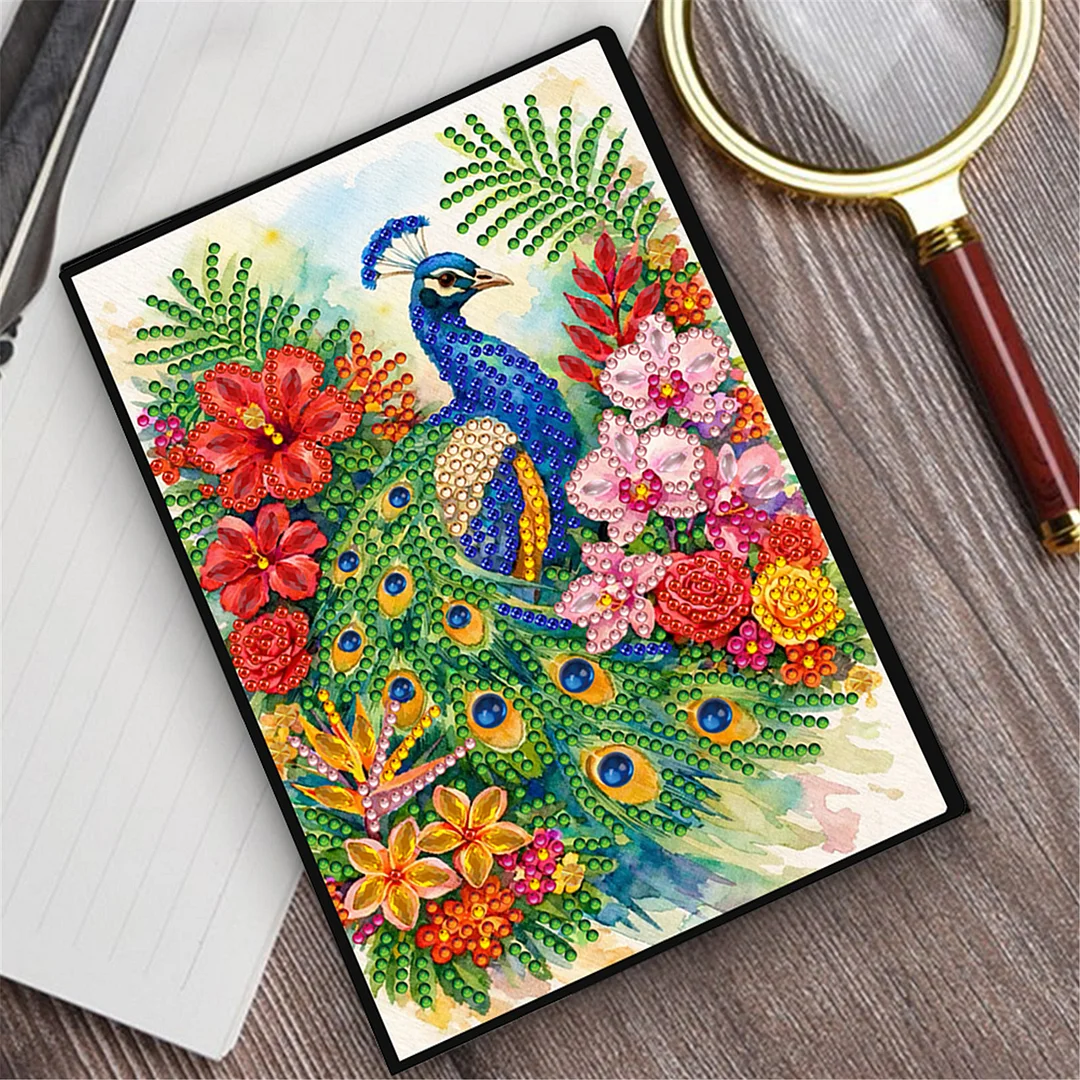 DIY Flower Diamond Painting Journals Notebooks 50 Pages A5 No Lines Special Shaped Diamond Art Kits for Beginners Craft Lovers and Artists (Peacock and Flowers)