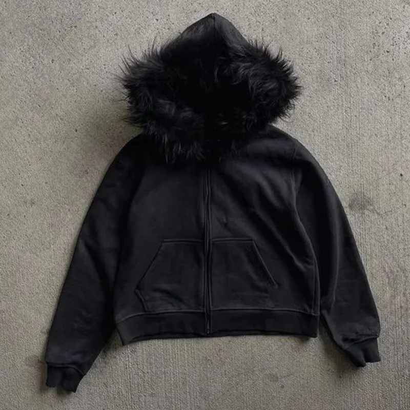 Aonga Plush liner retro Hoodie commuter Y2K top casual street rock aesthetics Harajuku punk hip-hops urban fashion chic women's hooded aonga