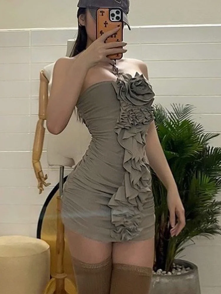 Cgacest Women's Dresses Temperament Sexy Slim Hottie Package Hip Dress Breastplain Shrinking Pleated Stereoscopic Flower Short Dresses