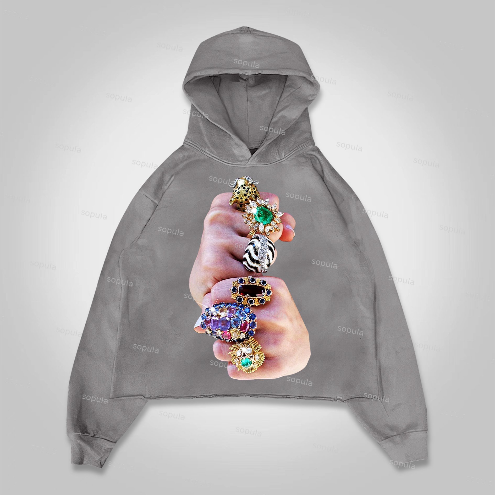Sopula Finger Graffiti Diamond Ring Print Cropped Hoodie