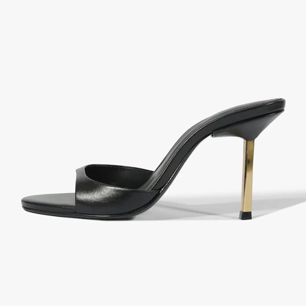 Chic Black Open Round Toe Stiletto Heel Slip On Mules for Women