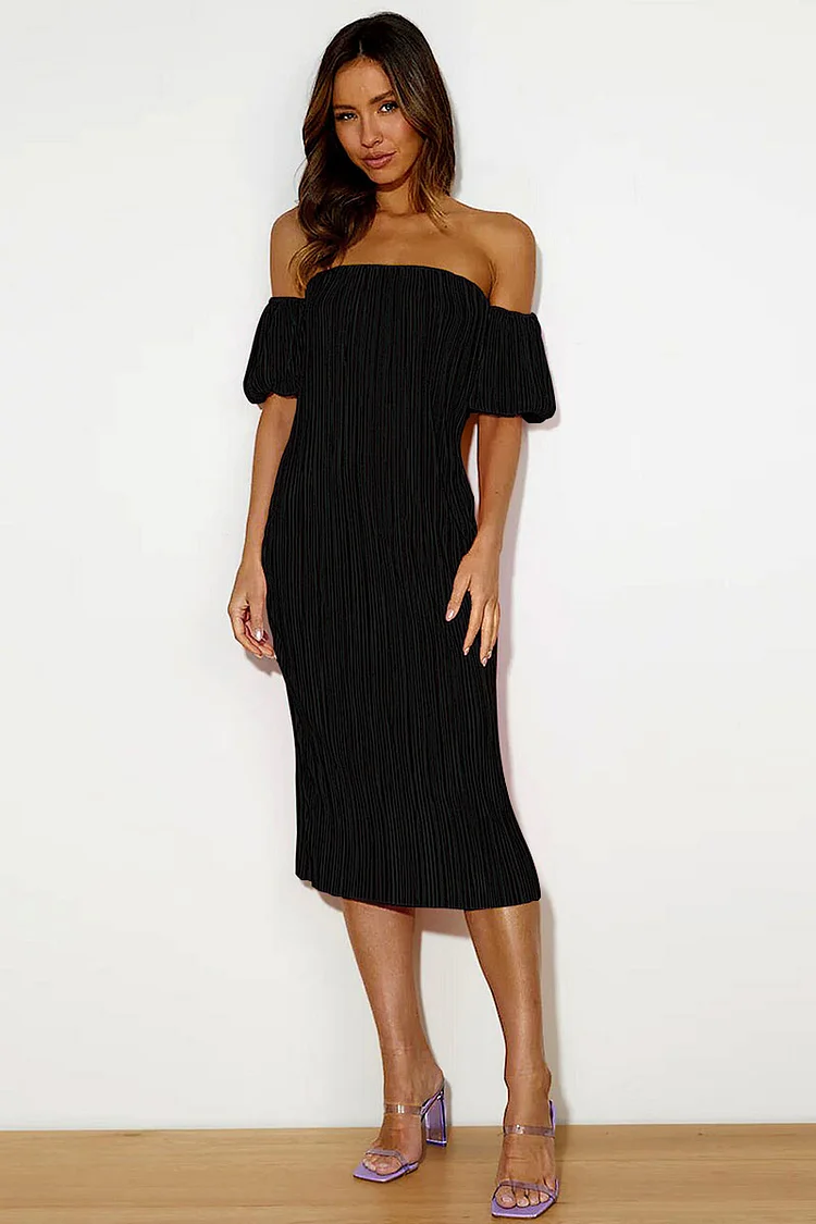 Pleated Textured Off Shoulder Strapless Puff Sleeve Slim Fit Midi Dresses