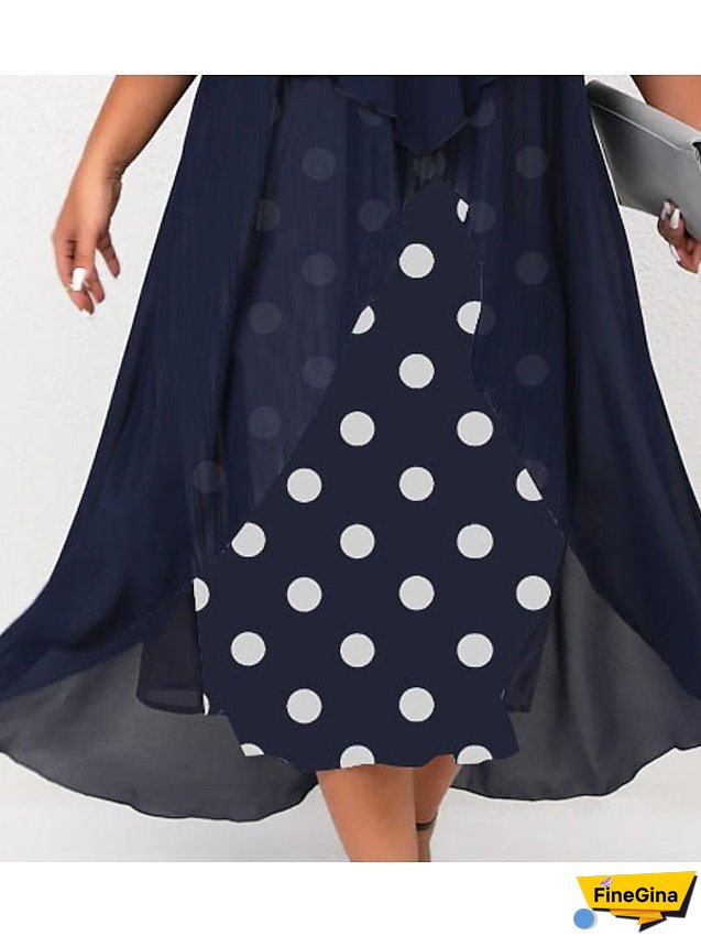 Womens Dress Plus Size Holiday Polka Dot Neck Layered Length Sleeve Spring Fall Elegant