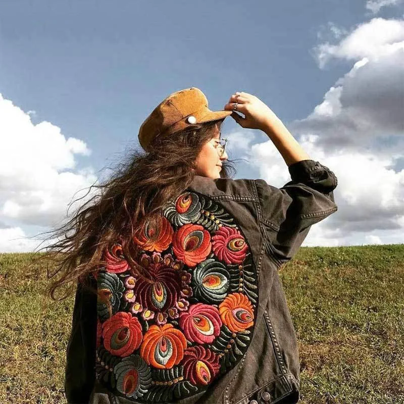 Denim Jacket Boho Oversized Multi Floral Embroidered Long Sleeve Casual Chic Jacket Coat Women 2021 New Spring Autumn Clothes