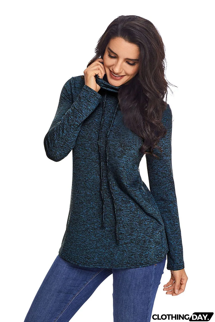 Heather Blue Cozy Cowl Neck Pockets Drawstring Sweatshirt