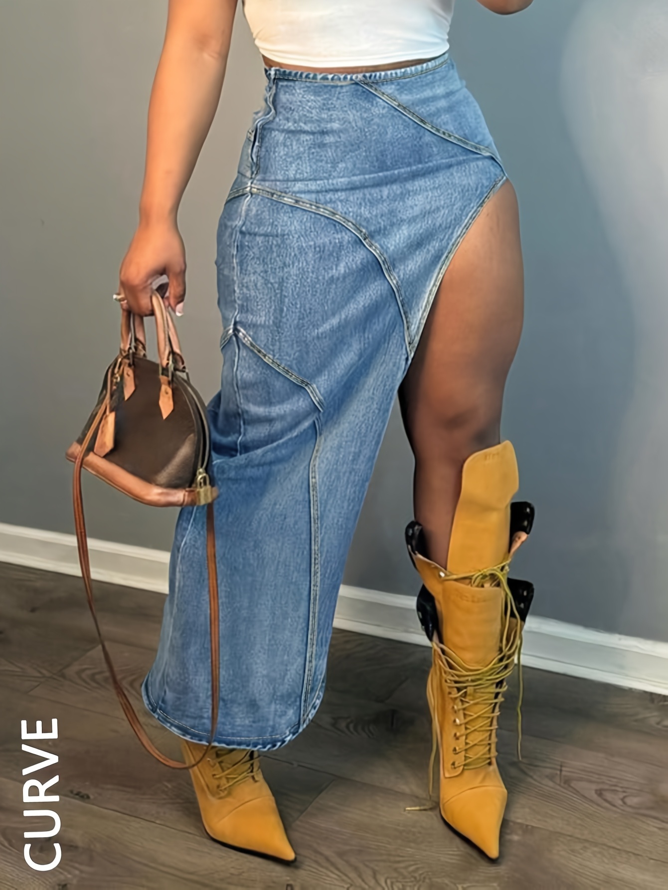 Womens Plus Size Denim Skirt High Thigh Slit Side Vent Stretch Waist Nightclub Outfits