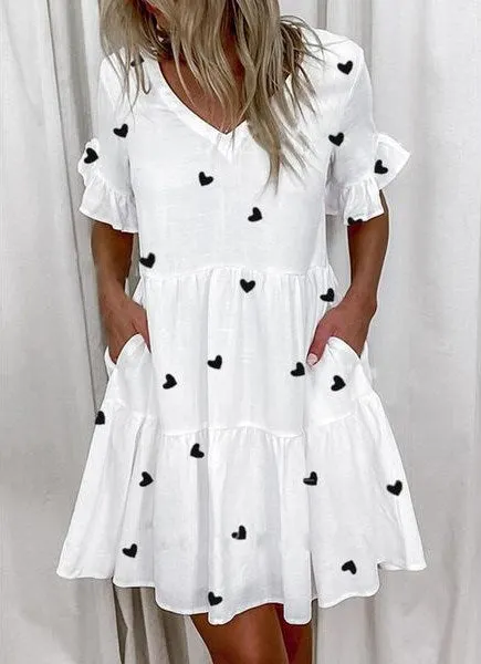 Brownm Regular Sleeve Fashion Short Printed Ruffle Pocket Dress