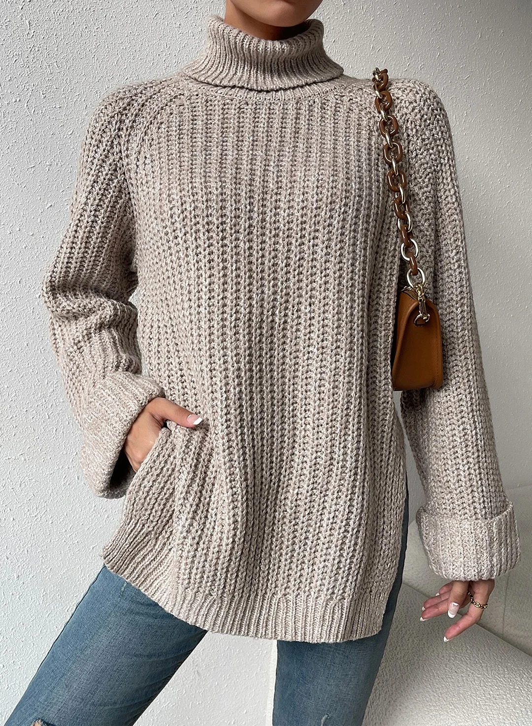 Turtleneck Raglan Sleeve Split Hem Jumper