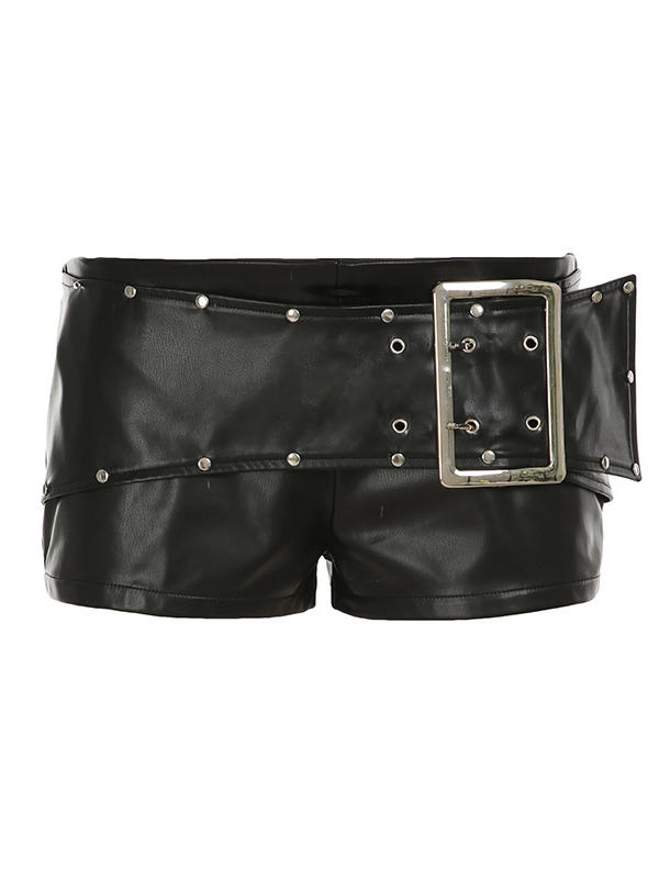 Dark Punk Studded Belt & Buckle Low-Rise PU Shorts 