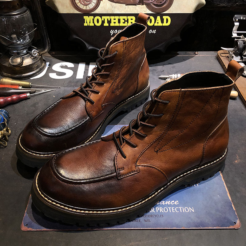 American Retro High Top Handmade Old Leather Ankle Boots Shoes