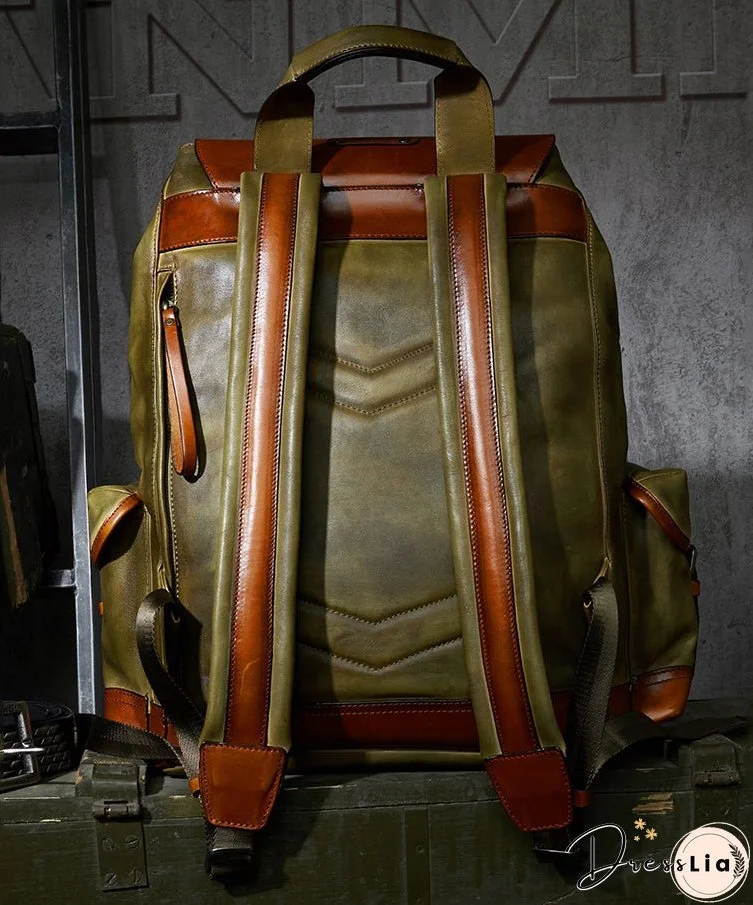 New Casual Army Green Cowhide Large Capacity Travel Backpack