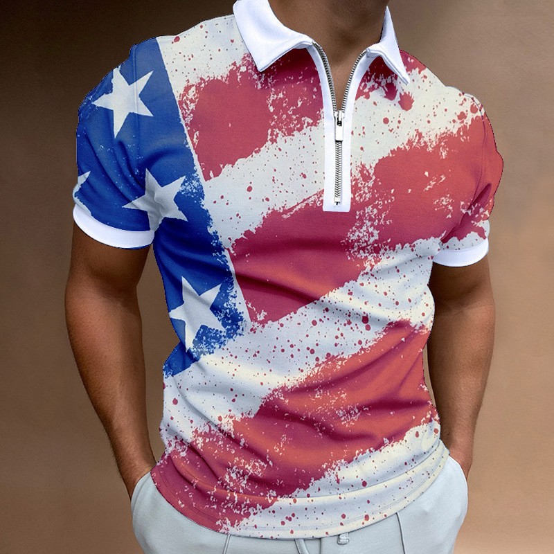 Men's Independence Day printed short sleeved zippered polo shirt PLUSCLOTHESMAN