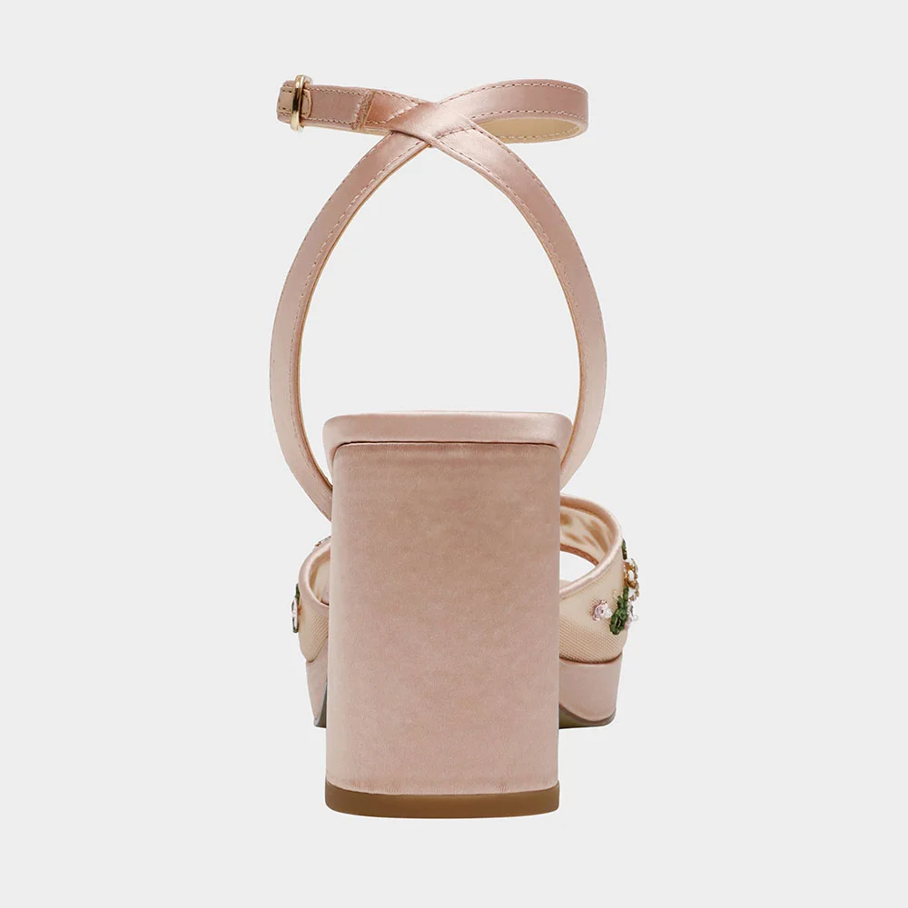 Nude Square Toe Block Heel Floral Ankle Strap Sandals with Platform