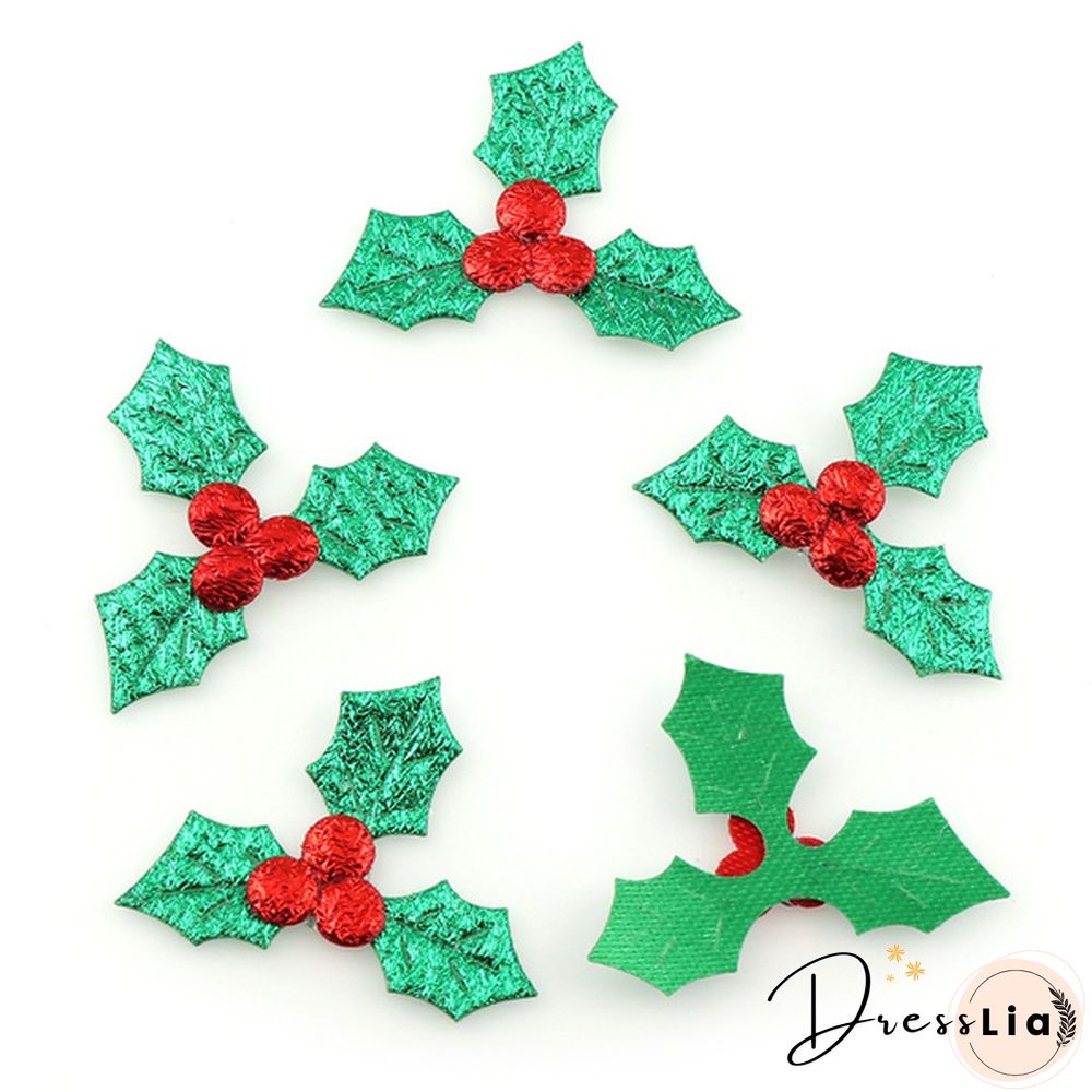 100pcs Glitter Fabric Red Berry Green Holly Leaves Appliques for Christmas Festival Decoration Scrapbook DIY Craft Supply