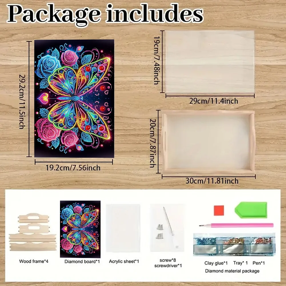 5D DIY Flower Butterfly Diamond Painting Wooden Serving Tray with Handle for Desk