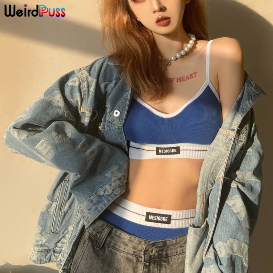 Weird Puss Ribbed Letter Print Cotton 2 Piece Set Beach Style Bra Padded Top+Thong Matching High Quality Casual Vacation Outfits