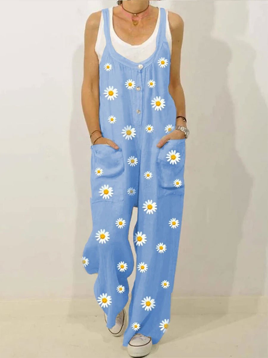 Beige Spaghetti-Strap Daisy Printed Jumpsuits