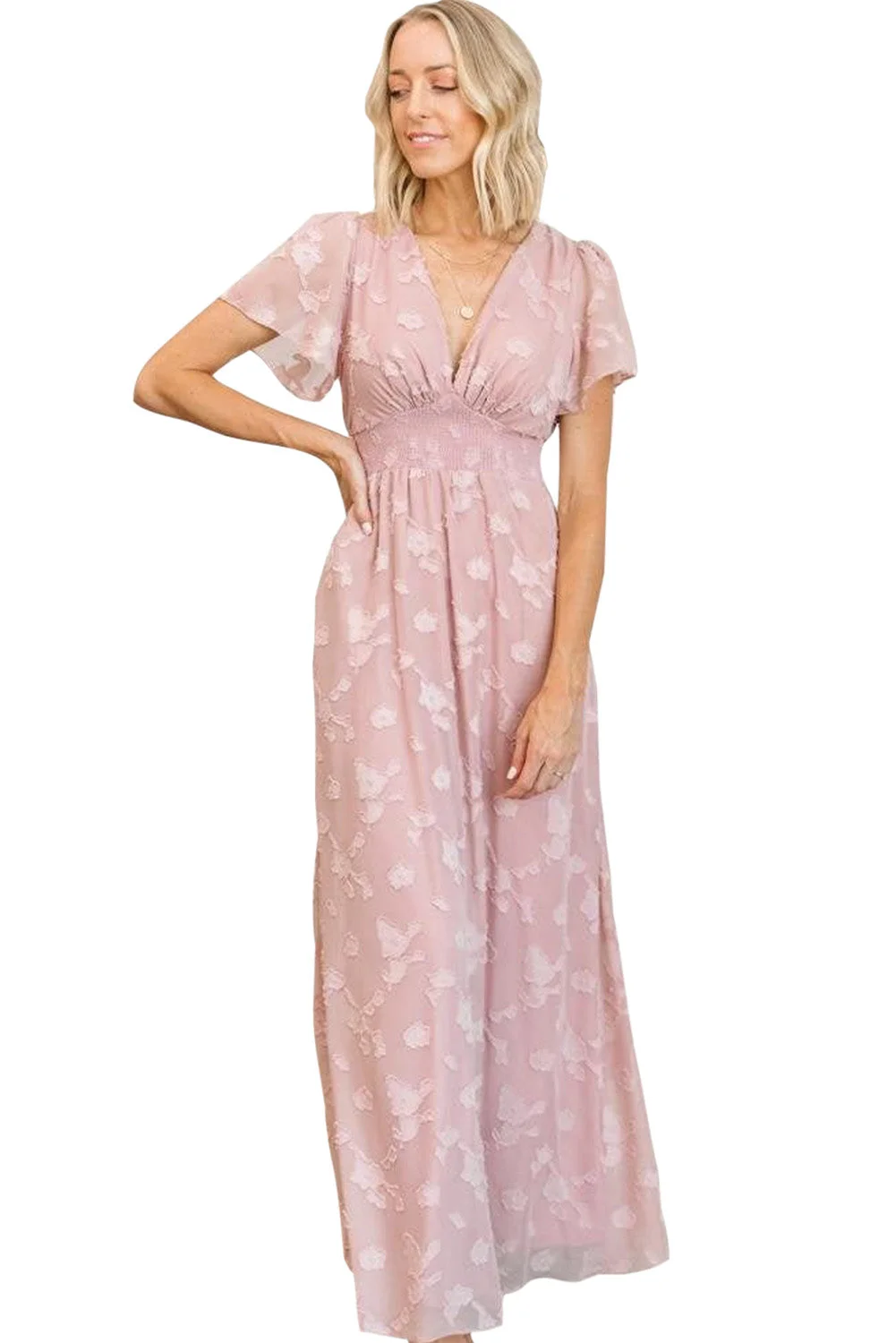 Women Pink Floral Textured V Neck Smocked Maxi Dress