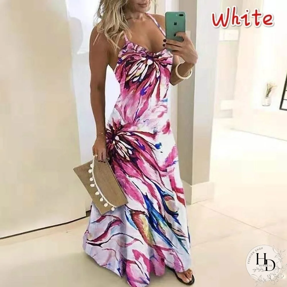 Summer Dress Fashion Clothes Women's Casual Off Shoulder Sleeveless Dress String Strap Halter Party Dress Ladies Deep V-neck Floral Printed Beach Wear Plus Size Maxi Dress XS-8XL