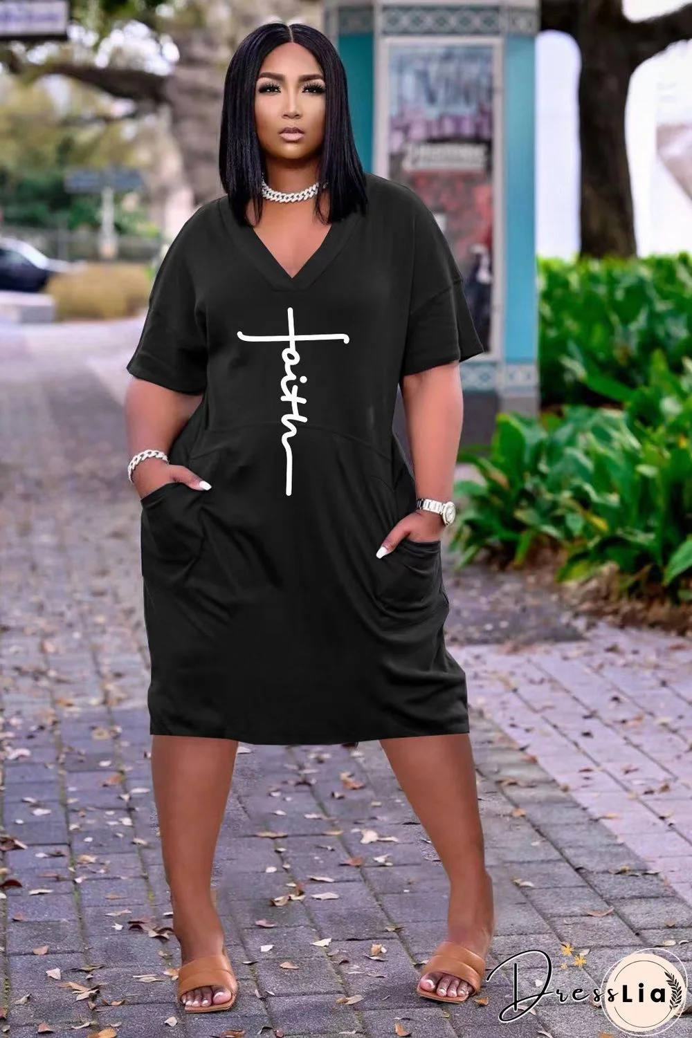 Casual Women V-neck Loose Midi Dresses with Pockets Plus Size 3XL