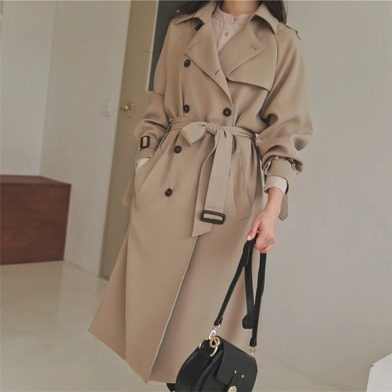 Women's Long Trench Coat High Quality Wide Lapel Slim Waist With Belt Women Autumn Winter Fashion Double Breasted Casual 2021