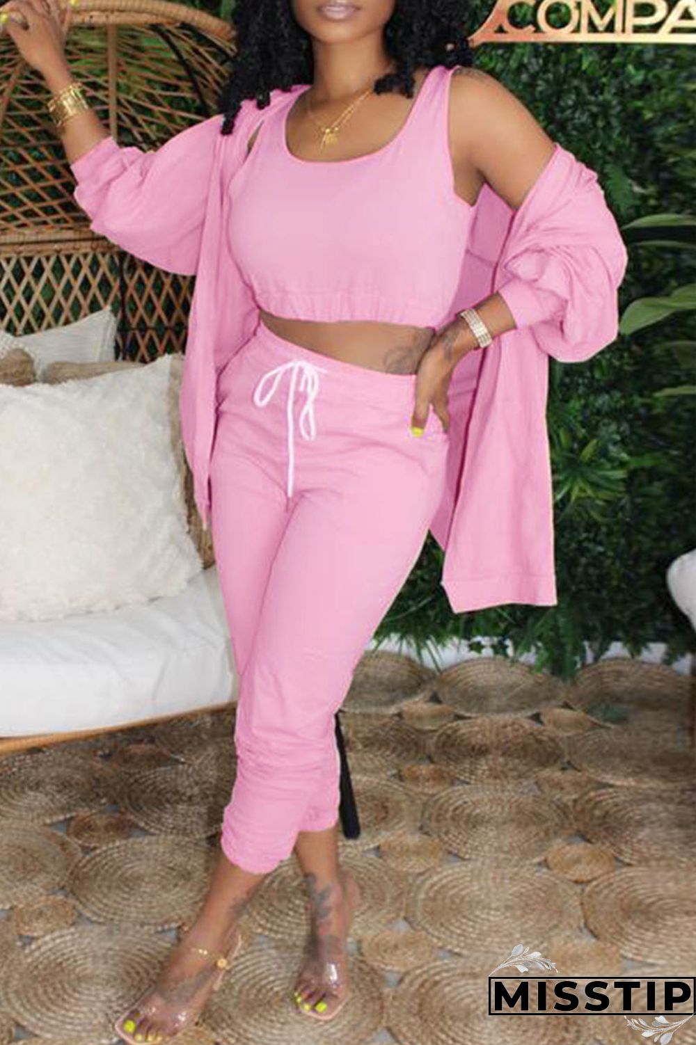 Blue Casual Solid Basic U Neck Long Sleeve Two Pieces